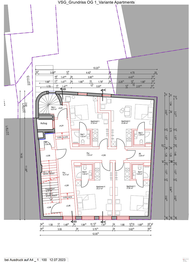 Grundriss OG 1 Apollo Apartments Genehmigungsplanung